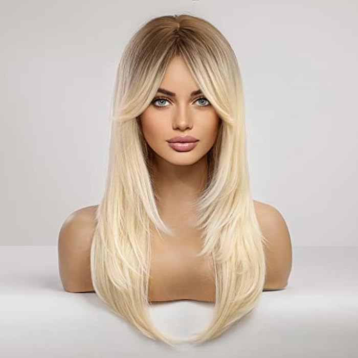 DILLARDS Haircube Synthetic Layered Long Blonde Hair Wigs With Dark Roots With Bangs For Women - Image 5